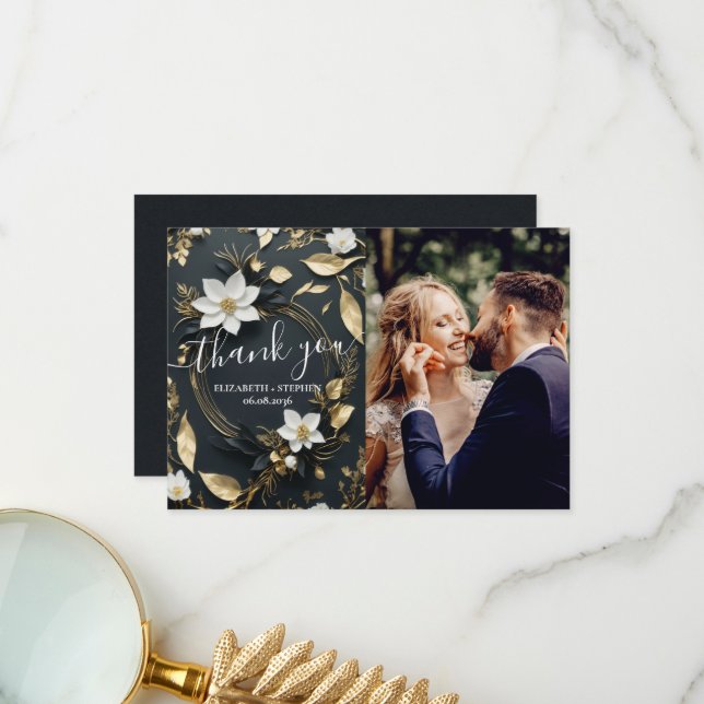 Vit Guld Blommigt Utandning Bröllop Photo Tack Kort (Fram/Back In Situ)