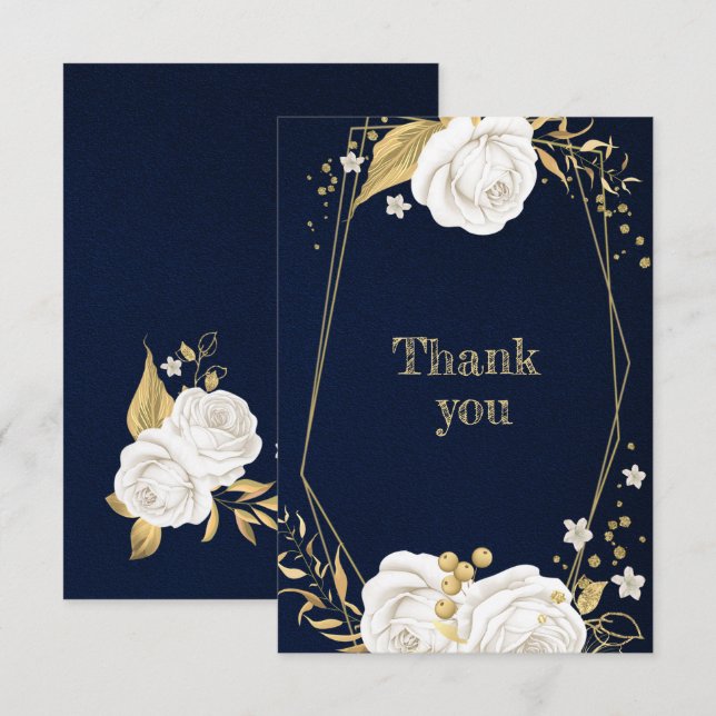 vit guld-blommigtens geometriska marktunga blått tack kort (Fram/baksida)