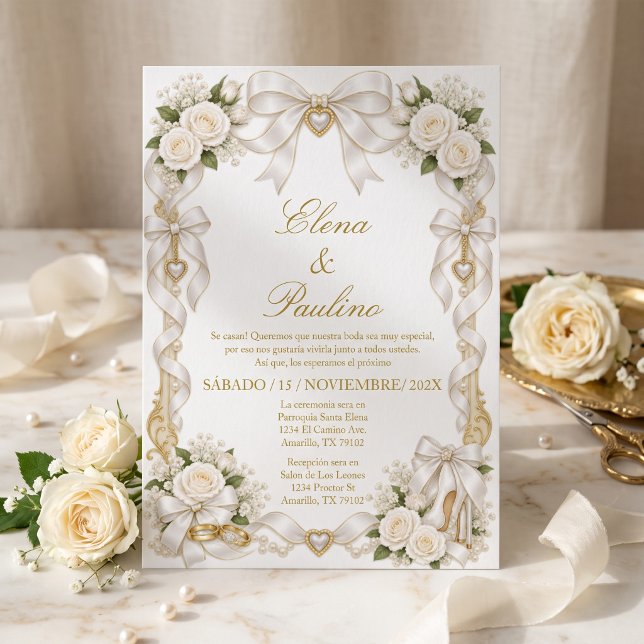 Vit Guld Bröllops Blomma Ros Bowle Inbjudningar (Skapare uppladdad)