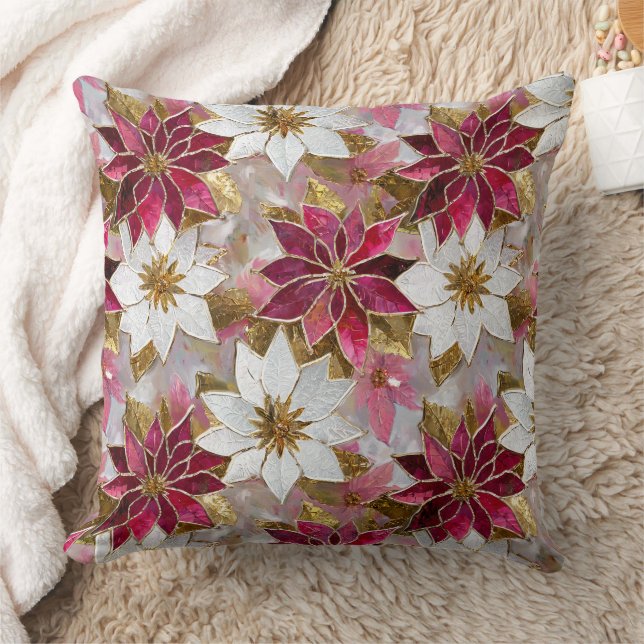 Vit Guld Burgundy Rosa Jul Poinsettia Kudde (Filt)