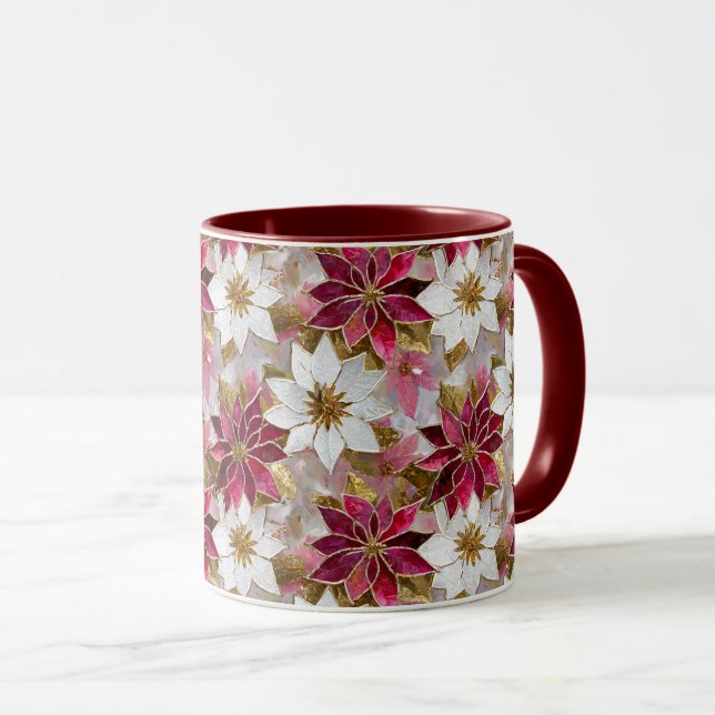 Vit Guld Burgundy Rosa Jul Poinsettia Mugg (Framsida höger)