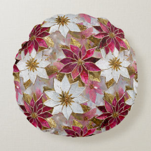 Vit Guld Burgundy Rosa Jul Poinsettia Rund Kudde