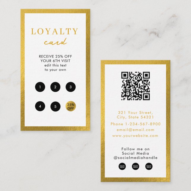 Vit Guld Business Simple QR Code Loyalty Visitkort (Fram/baksida)