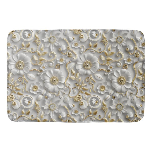 Vit Guld dekorativ 3D-Flora-Blommigt Badrumsmatta (Framsidan)