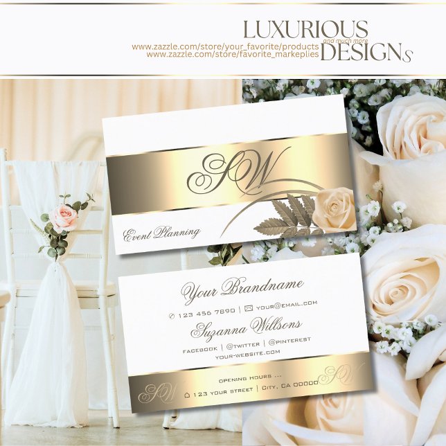 Vit Guld-dekorfärgad Ro-blomma med Monogram Visitkort (Skapare uppladdad)