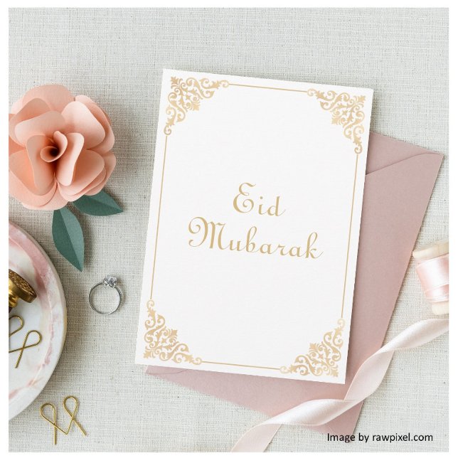Vit Guld Eid Mubarak Platt Semestergrycka Julkort (Skapare uppladdad)