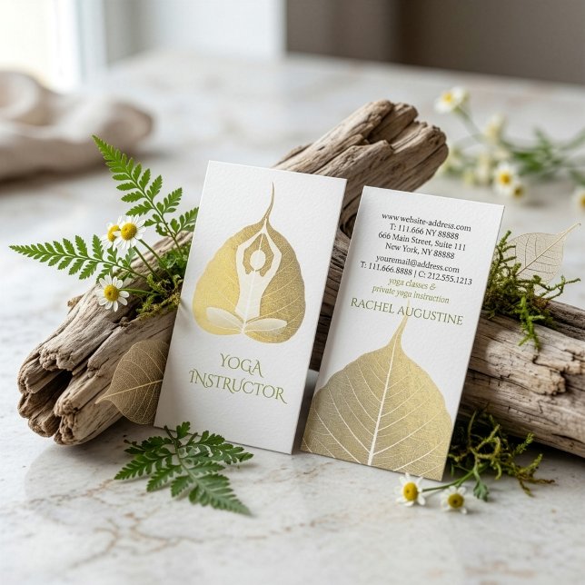 Vit & Guld Folie Bodhi Blad Yoga Meditation Pose Visitkort (Skapare uppladdad)