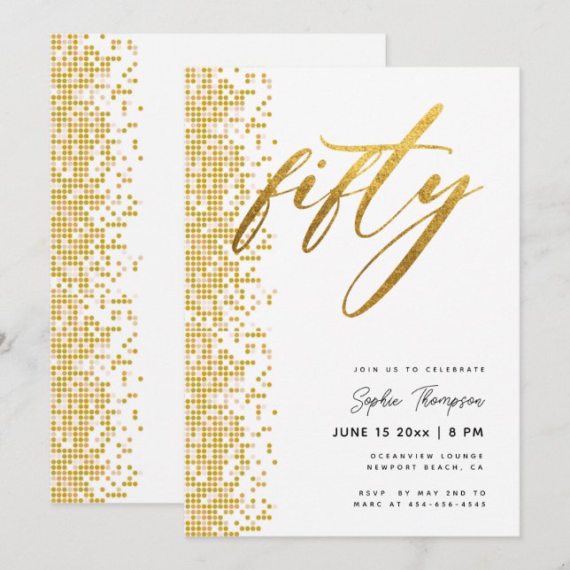 Vit Guld Geometric Glitter Elegant 50:e födelsedag Inbjudningar (Fram/baksida)