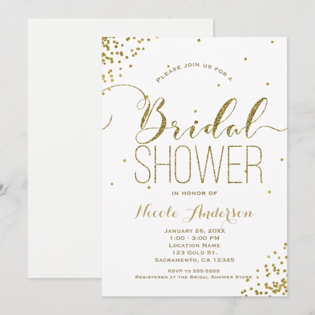 Vit & Guld Glam Glitter Hörnor BRUDSHOWER Inbjudningar (Fram/baksida)