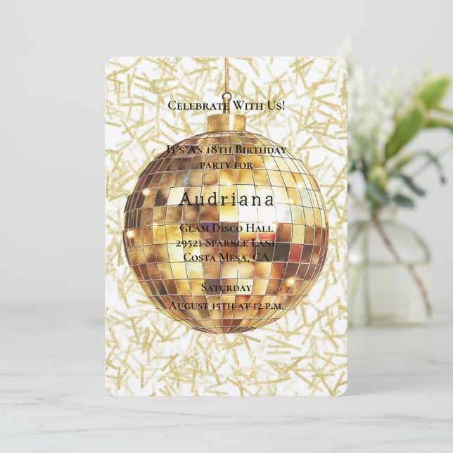Vit Guld Glam Glittrig Diskokula Födelsedag Inbjudningar (Stående Fram)