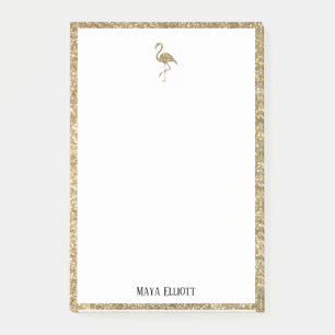 Vit + Guld Glitter Flamingo & Kant m/ Namn Post-it Block