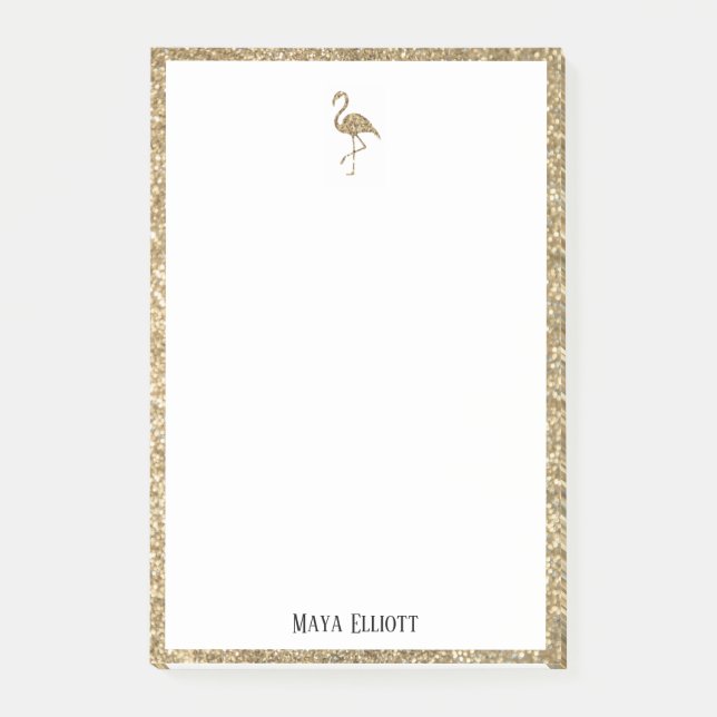 Vit + Guld Glitter Flamingo & Kant m/ Namn Post-it Block (Framsida)