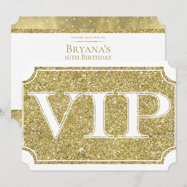 Vit & Guld Glitter Glam VIP-festbiljett Inbjudningar (Fram/baksida)