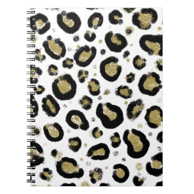 Vit Guld Glitter & Svart Leopard Gepardtryck Anteckningsbok (Framsidan)