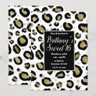 Vit Guld Glitter & Svart Leopard Sweet 16-fest Inbjudningar