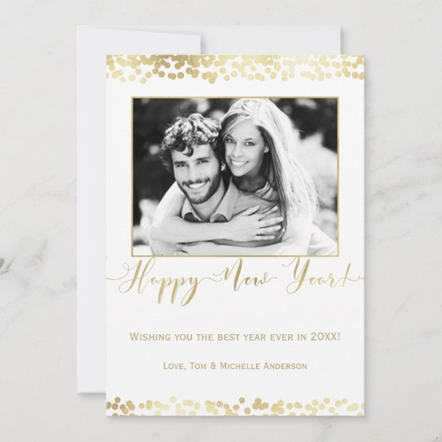 Vit & Guld Gott Nytt År Modern Chic Foto Julkort (Framsida)