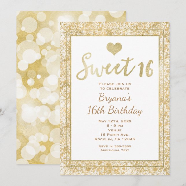 Vit & Guld Hjärt Glam SWEET 16 Fest Inbjudan (Fram/baksida)
