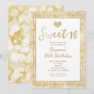 Vit & Guld Hjärt Glam SWEET 16 Fest Inbjudan