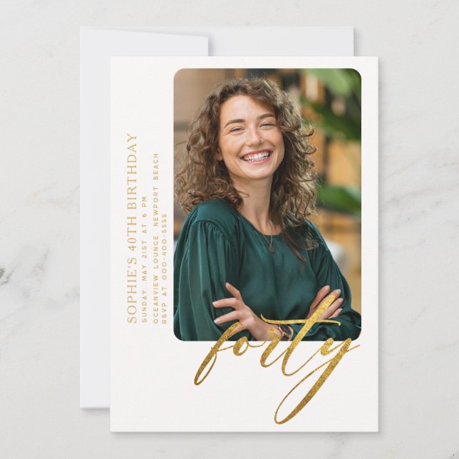 Vit Guld-kallgrafi Modern 40:e födelsedagsfoto Inbjudningar (Framsida)