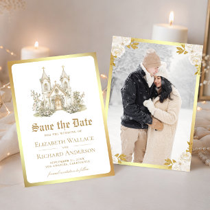 Vit guld katolsk kyrka bröllopsfoto spara datumet