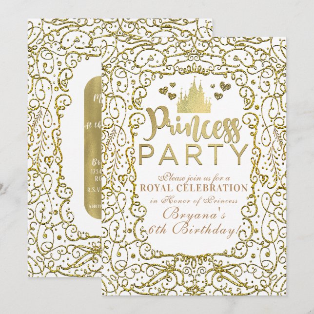 Vit & Guld Kunglig Slott PRINCESS PARTY Födelsedag Inbjudningar (Fram/baksida)
