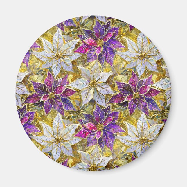 Vit Guld Lila Rosa Jul Poinsettia Magnet (Framsidan)