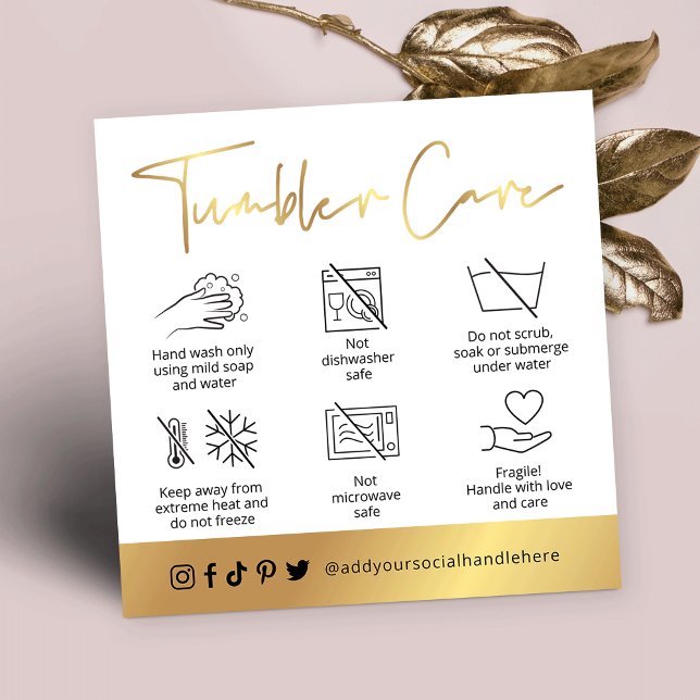 Vit & Guld Logotyp Tumbler Kopp Care Guide Fyrkantigt Visitkort (White and gold tumbler and cups care cards with icons and your logo)