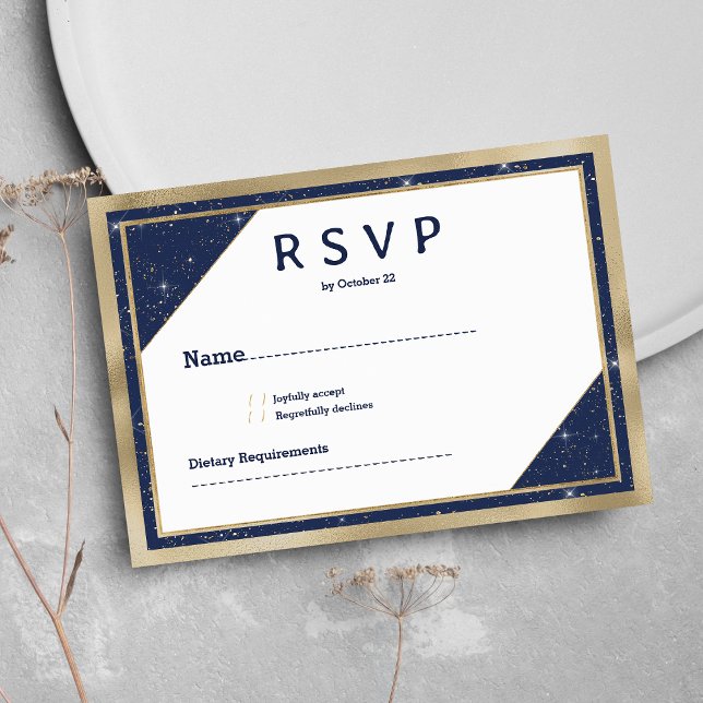Vit guld-marin blå glitter-geometrisk OSA Inbjudningar (White gold navy blue glitter geometric RSVP )