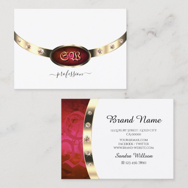 Vit Guld med Rosa Red Gradient Marble Monogram Visitkort (Fram/baksida)