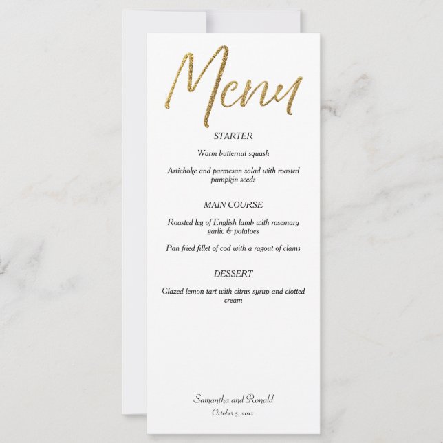 Vit & Guld-minimalistisk kalligrafi Bröllop Menu Inbjudningar (Framsida)