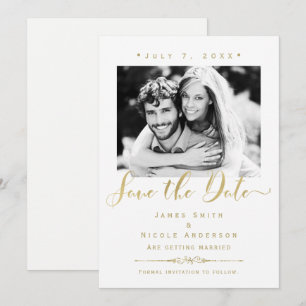 Vit & Guld Modern Fotobrylluppslag "Save the Date" Inbjudningar