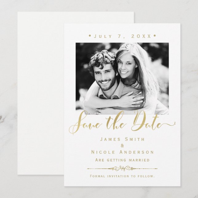 Vit & Guld Modern Fotobrylluppslag "Save the Date" Inbjudningar (Fram/baksida)