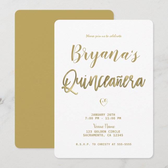 Vit & Guld Modern Minimalistisk Chic 15 Quinceañer Inbjudningar (Fram/baksida)