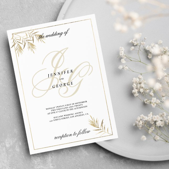 Vit guld monogram initialer folie bröllop inbjudningar (White gold monogram initials foliage Wedding )