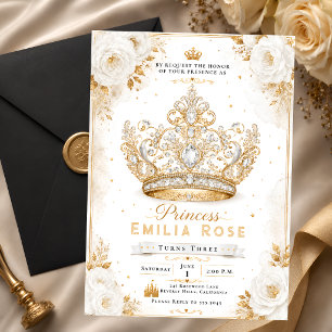 Vit Guld Prinsessa Krona 3-årsdag Inbjudningar