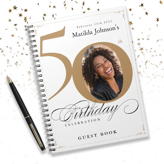 Vit Guld-skript Elegant 50:e födelsedagsgästboken Anteckningsbok (50th Birthday White Gold Script Elegant Guestbook Notebook)
