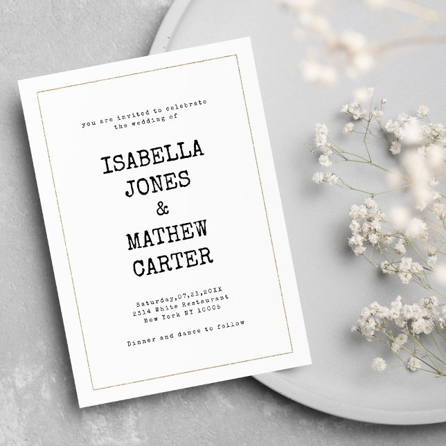 Vit guld skrivmaskin font rustik stil bröllop inbjudningar (White gold typewriter font rustic style wedding)