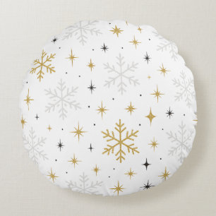 Vit & Guld Snöflinga Glitter Kastkudde Rund Kudde