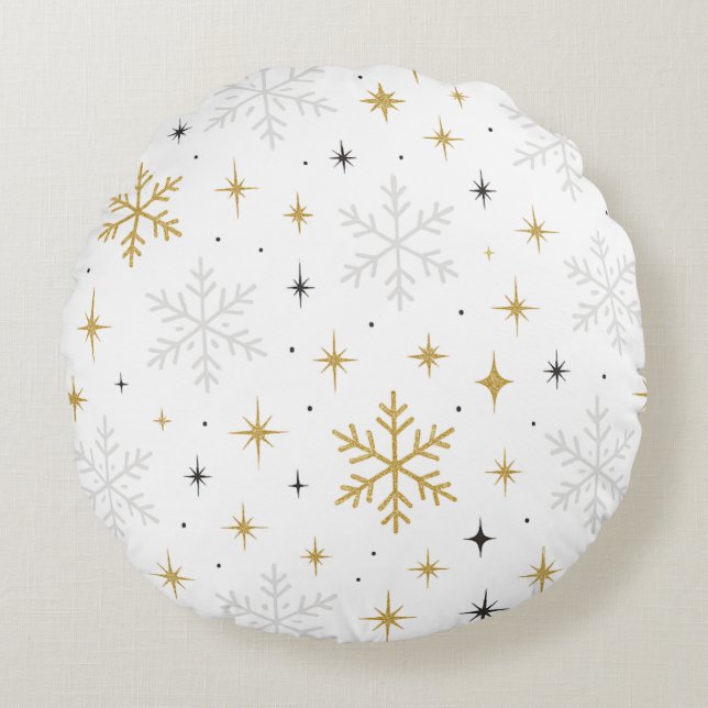 Vit & Guld Snöflinga Glitter Kastkudde  Rund Kudde (Framsidan)