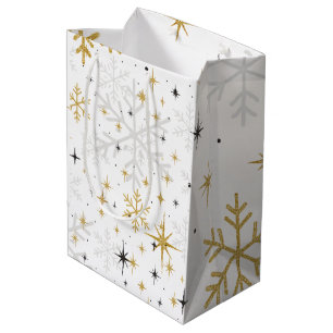 Vit & Guld Snöflinga Glitter Presentpåse – Elegant