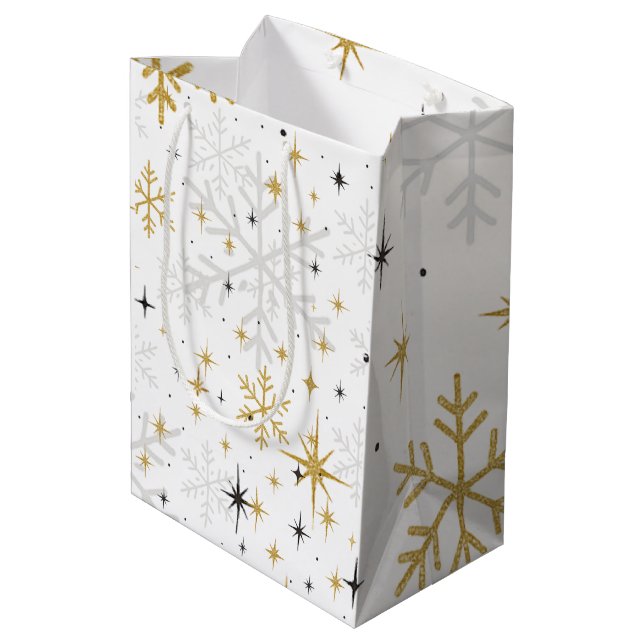 Vit & Guld Snöflinga Glitter Presentpåse – Elegant (Baksidan Vinklad)