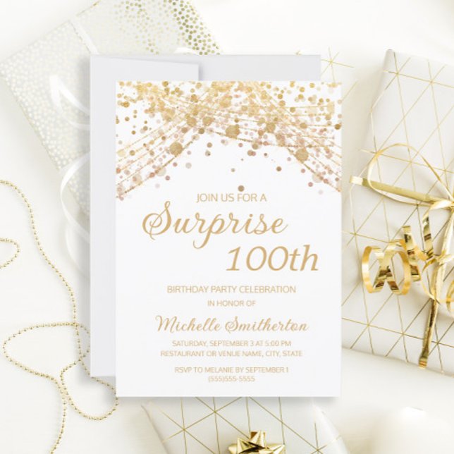 Vit Guld Strängljus Överraskar 100-årsdag Inbjudningar (Skapare uppladdad)