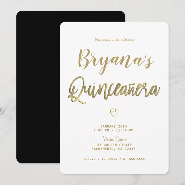 Vit Guld & Svart Modern Minimal 15 Quinceañera Inbjudningar (Fram/baksida)