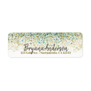 Vit Guld & Turkos Glitter Modern Kustglam Returadress Etikett