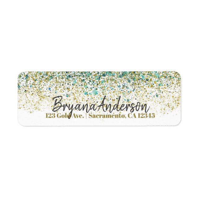Vit Guld & Turkos Glitter Modern Kustglam Returadress Etikett (Framsidan)