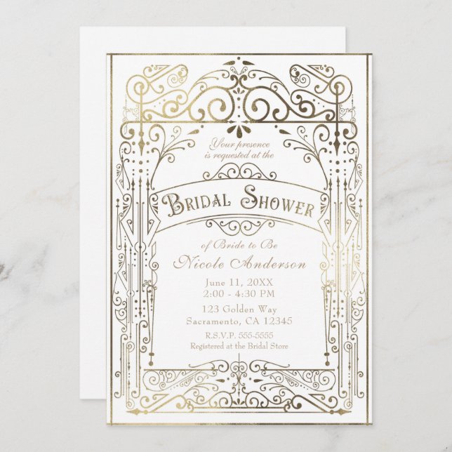 Vit & Guld Vintage Victorian Glam Möhippa Inbjudningar (Fram/baksida)