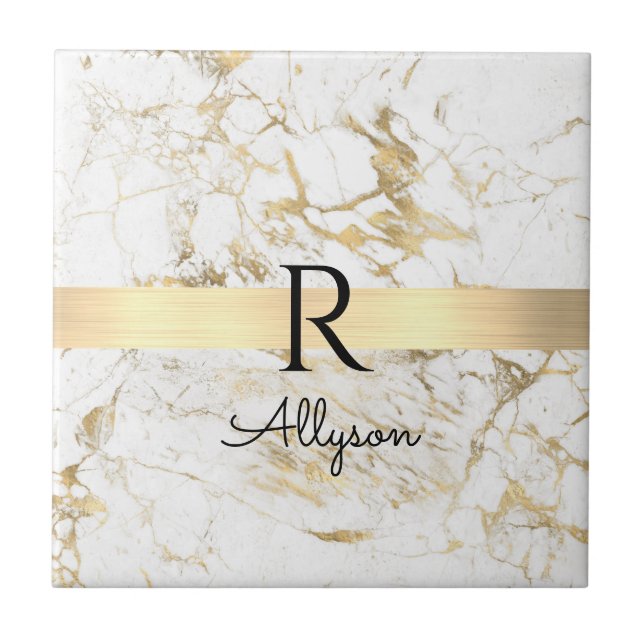Vit & guldmarmor Guld Bar, DIY svart namnmonogram Kakelplatta (Framsidan)