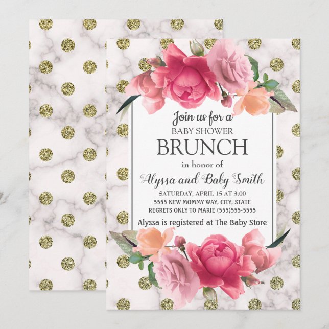 Vit guldmarmor rosa blommig baby shower brunch inbjudningar (Fram/baksida)