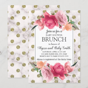 Vit guldmarmor rosa blommig baby shower brunch inbjudningar