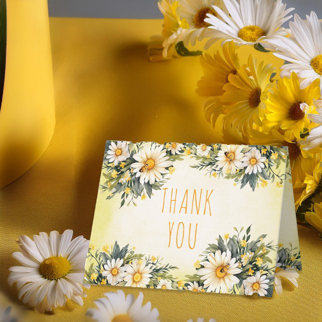 Vit | Gult Daisy Blommigt Babyskiss Tack Kort (Little Daisy Theme Yellow, White and Green Daisies Floral Folded "Thank You" Card)